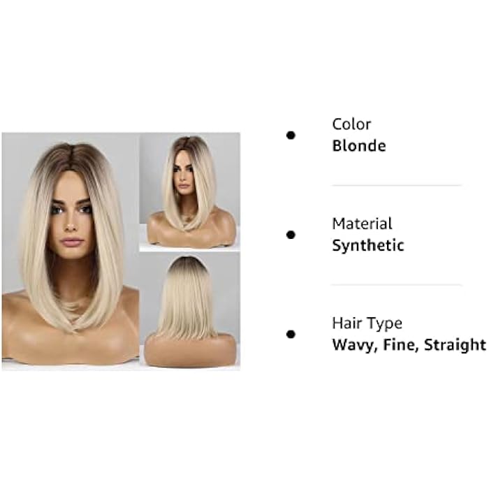 DILLARDS Haircube Ombre Blonde Bob Wig Shoulder Length Wigs For Women Dark Brown Roots Middle Part Heat Resistant Fibre Synthetic Wig Daily Natural Looking - Image 3